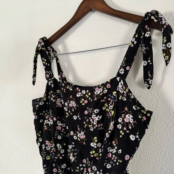 Smocked Tie Shoulder Dainty Ditsy Floral Midi Dress Large Cottagecore Picnic - Picture 3 of 10